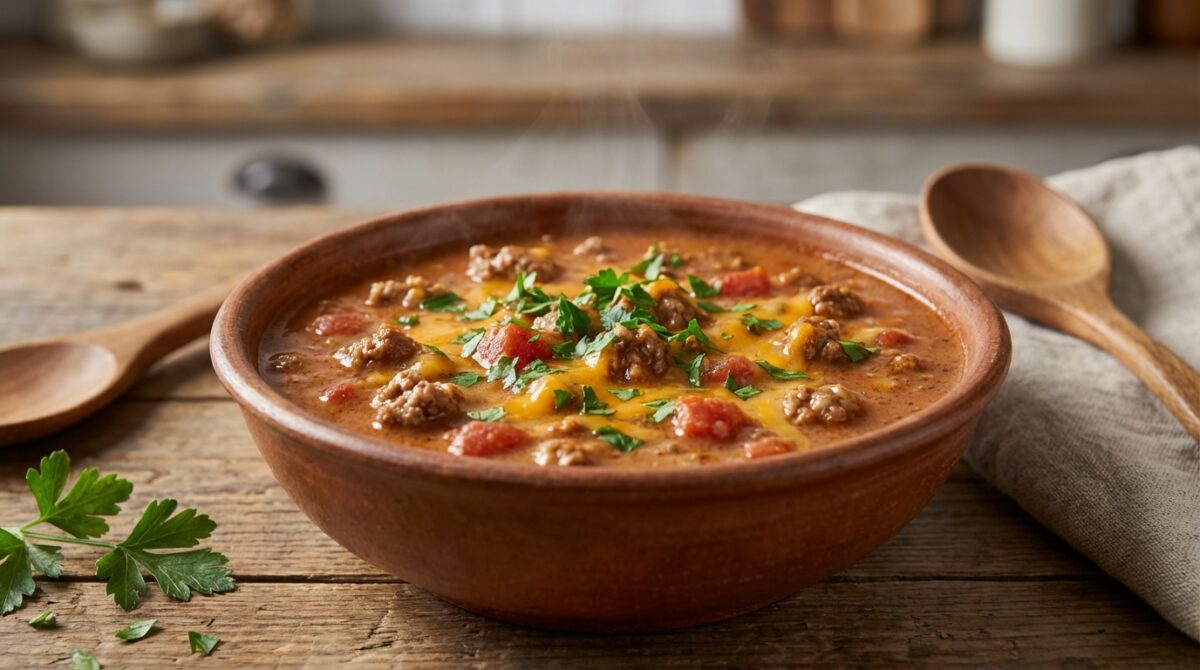 einfach und schnell zubereitet: diese herzhafte hackfleisch-käse-suppe ist perfekt für ein gemütliches wochenende und begeistert mit leckerem geschmack.